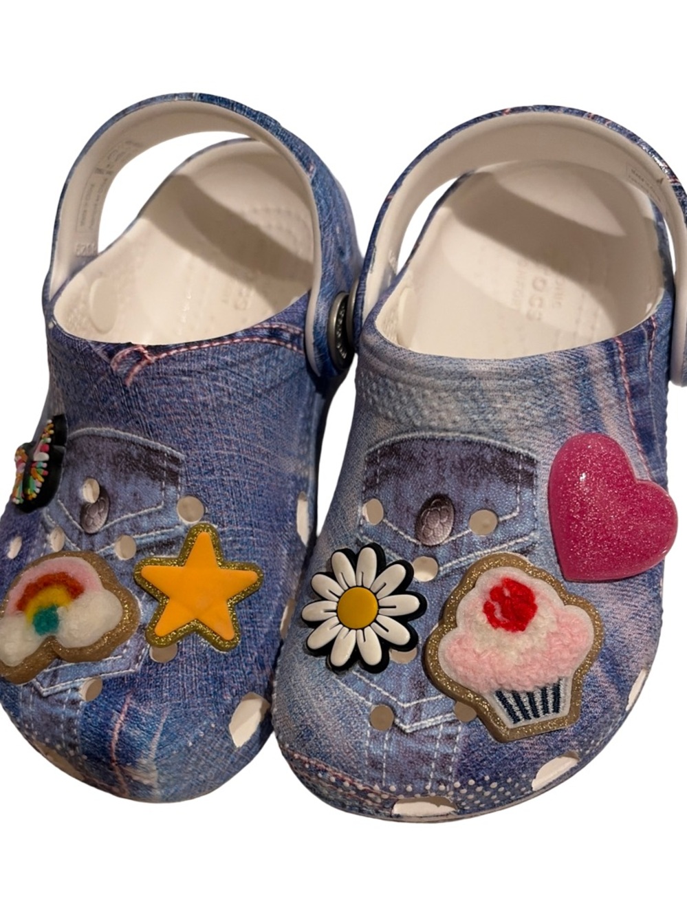 CROCS Kids Denim Print Clogs with Multicolor Charms